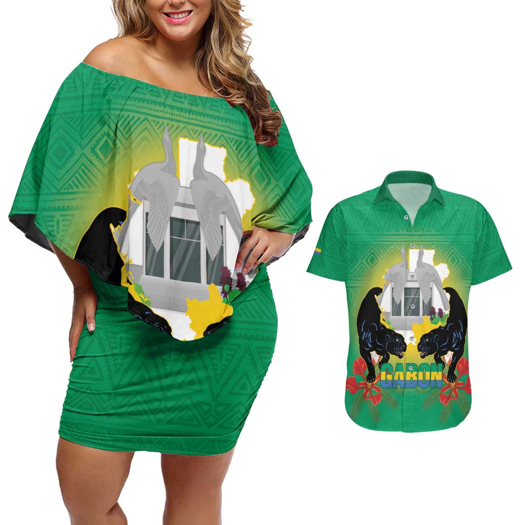 Gabon Independence Day Couples Matching Off Shoulder Short Dress and Hawaiian Shirt Memorial Leon Mba Monument - Wonder Print Shop