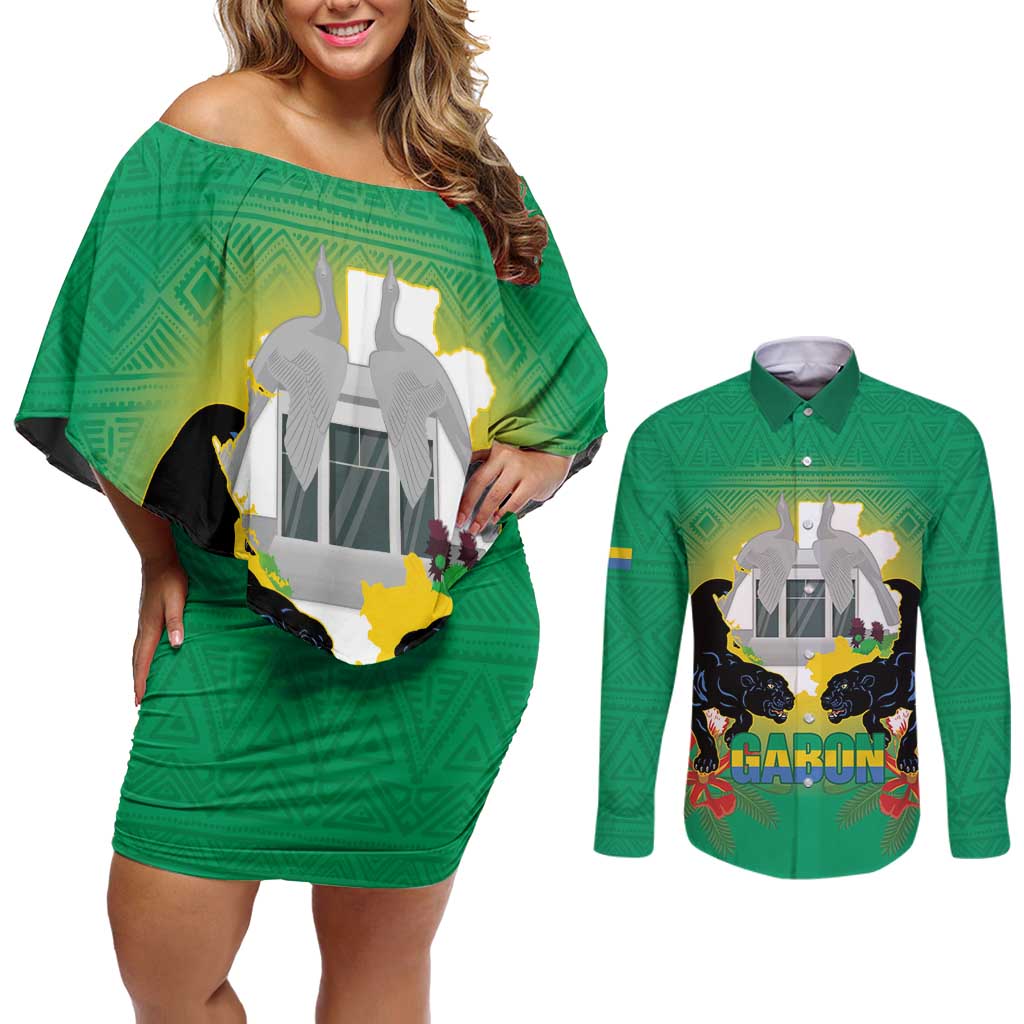 Gabon Independence Day Couples Matching Off Shoulder Short Dress and Long Sleeve Button Shirt Memorial Leon Mba Monument - Wonder Print Shop