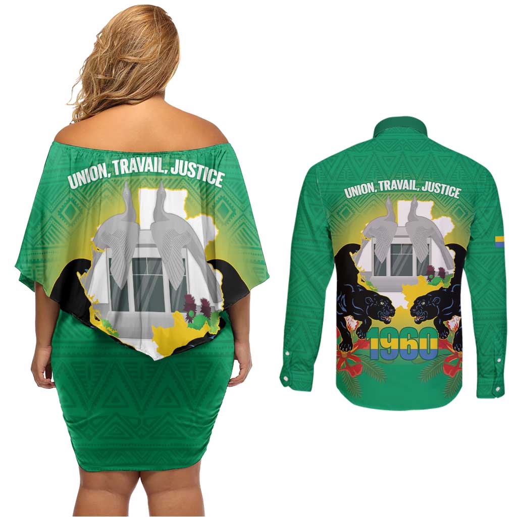 Gabon Independence Day Couples Matching Off Shoulder Short Dress and Long Sleeve Button Shirt Memorial Leon Mba Monument - Wonder Print Shop
