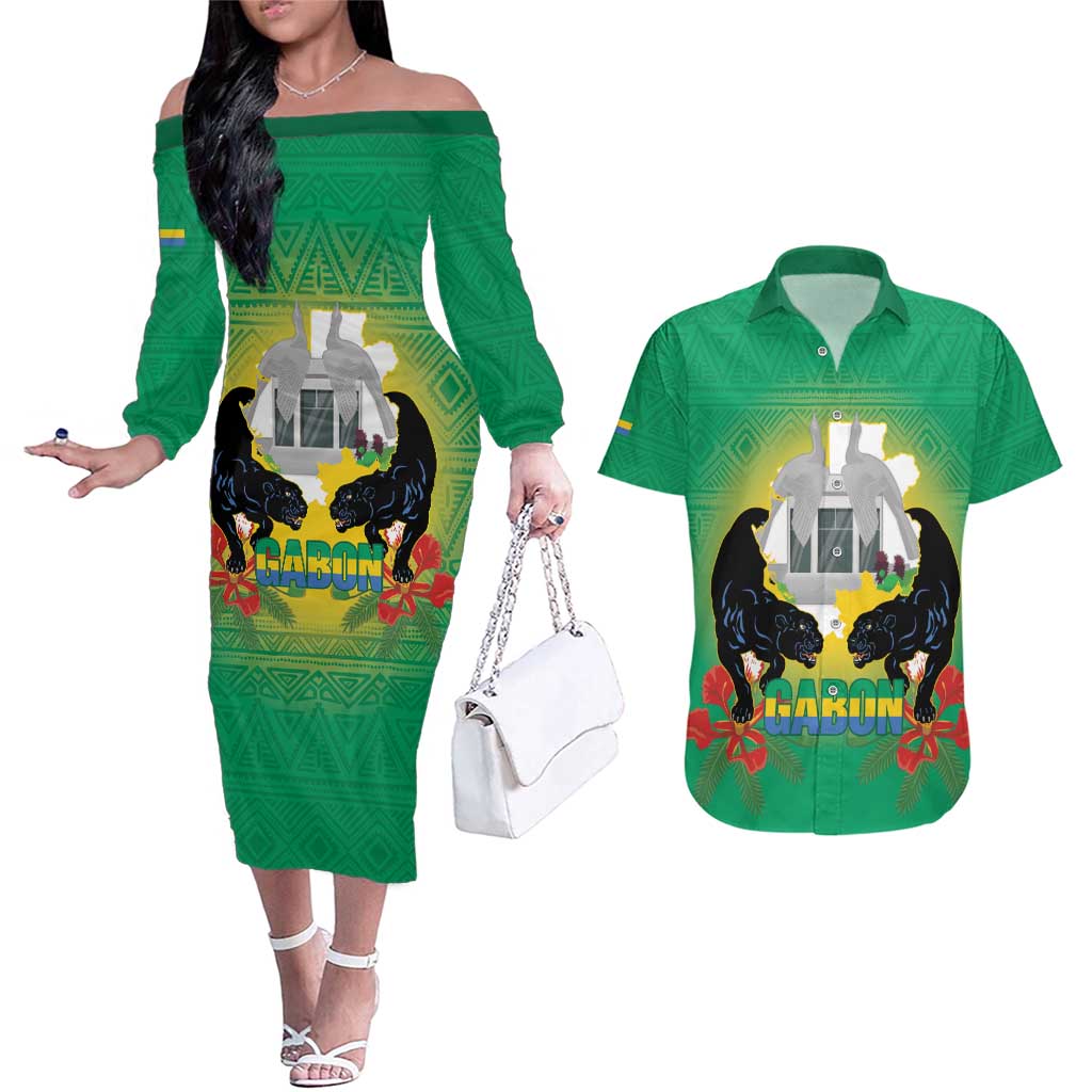 Gabon Independence Day Couples Matching Off The Shoulder Long Sleeve Dress and Hawaiian Shirt Memorial Leon Mba Monument - Wonder Print Shop