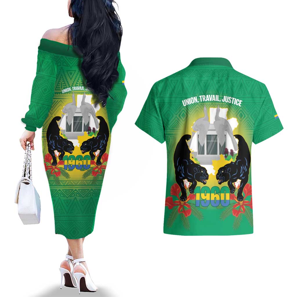 Gabon Independence Day Couples Matching Off The Shoulder Long Sleeve Dress and Hawaiian Shirt Memorial Leon Mba Monument - Wonder Print Shop