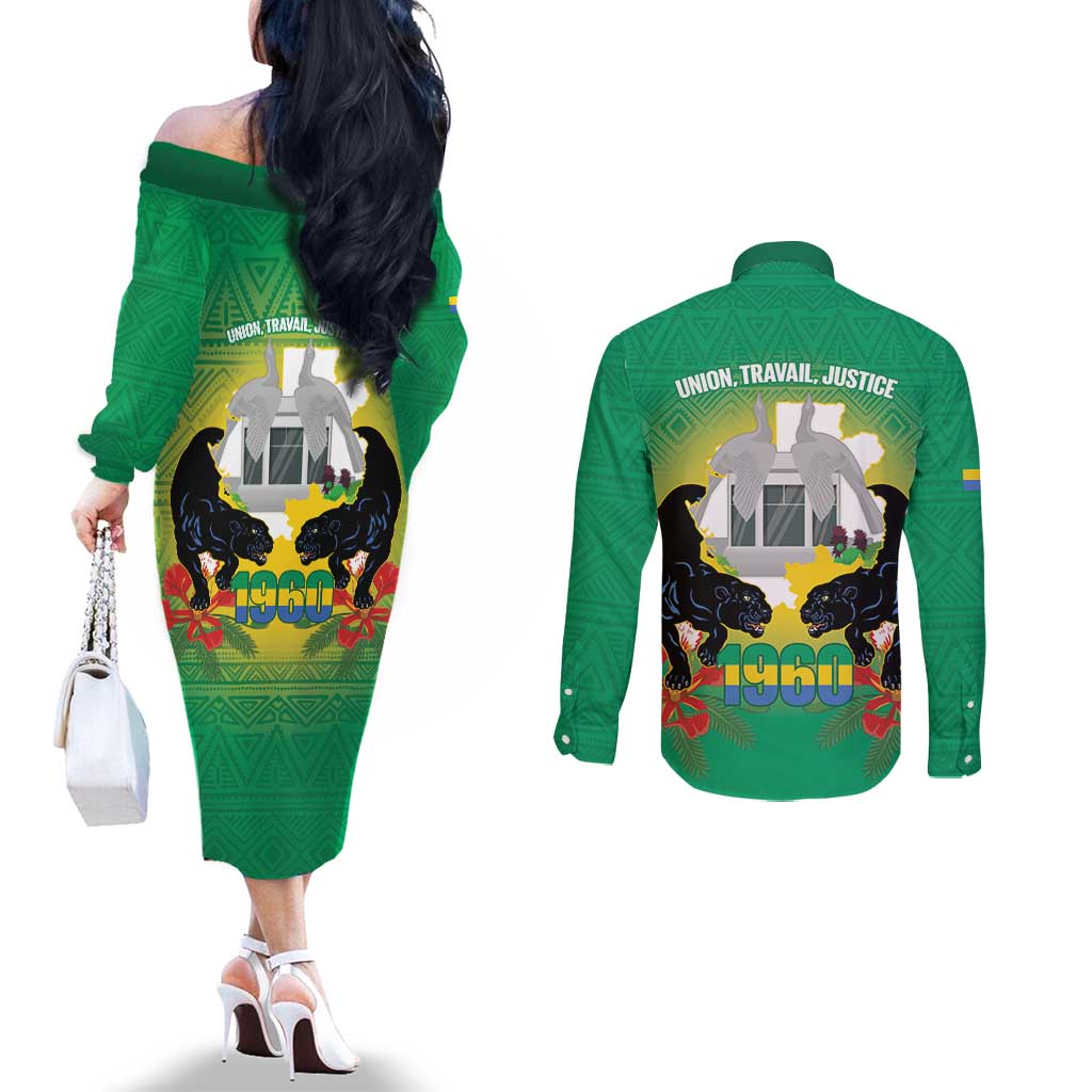 Gabon Independence Day Couples Matching Off The Shoulder Long Sleeve Dress and Long Sleeve Button Shirt Memorial Leon Mba Monument - Wonder Print Shop