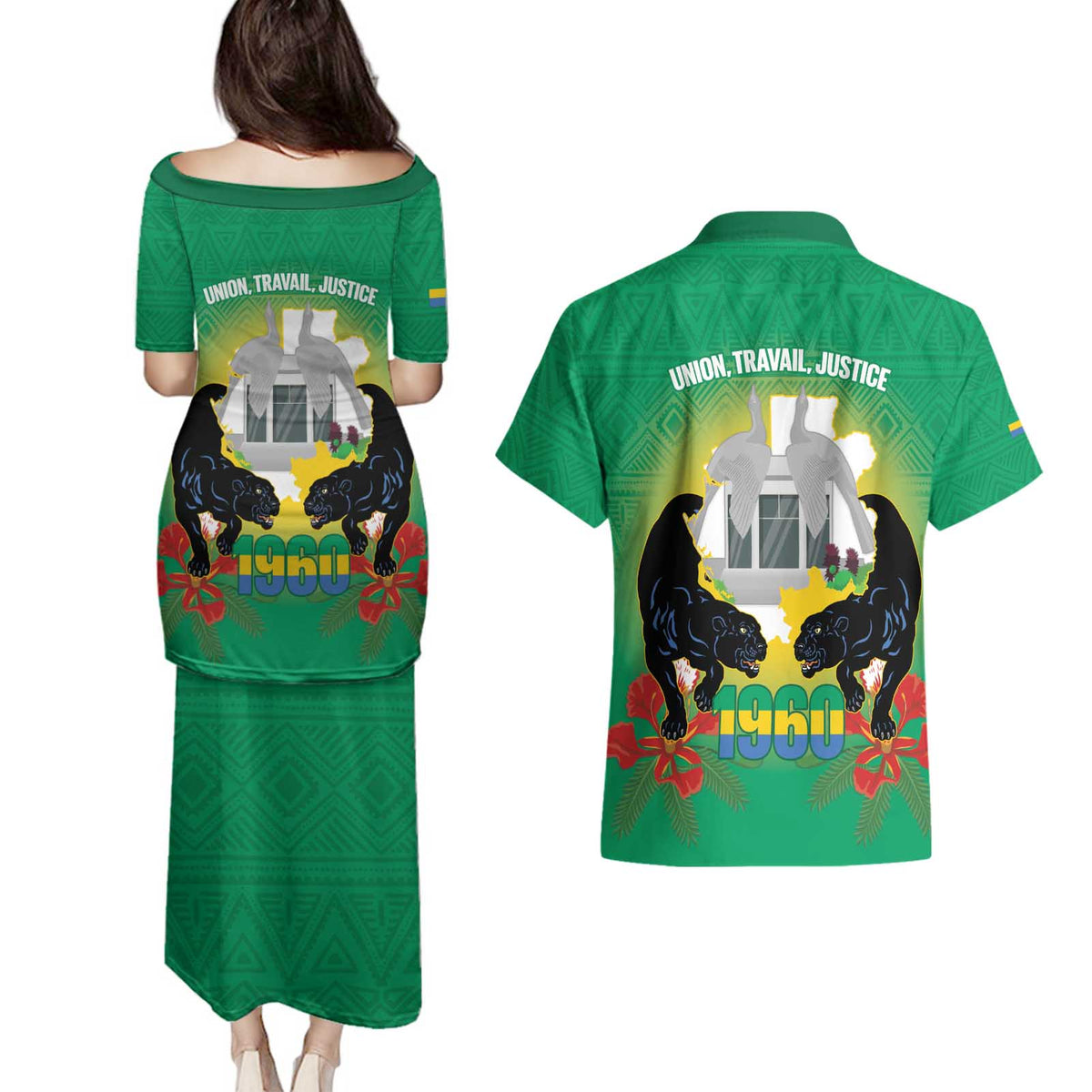 Gabon Independence Day Couples Matching Puletasi and Hawaiian Shirt Memorial Leon Mba Monument - Wonder Print Shop