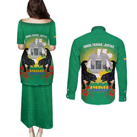 Gabon Independence Day Couples Matching Puletasi and Long Sleeve Button Shirt Memorial Leon Mba Monument - Wonder Print Shop
