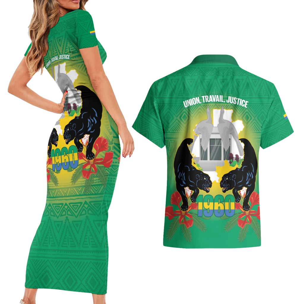 Gabon Independence Day Couples Matching Short Sleeve Bodycon Dress and Hawaiian Shirt Memorial Leon Mba Monument - Wonder Print Shop