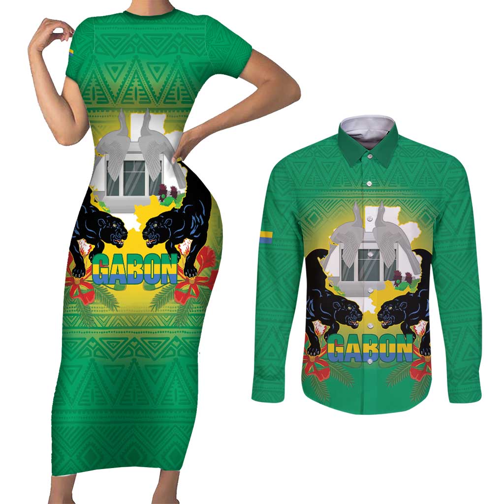 Gabon Independence Day Couples Matching Short Sleeve Bodycon Dress and Long Sleeve Button Shirt Memorial Leon Mba Monument - Wonder Print Shop