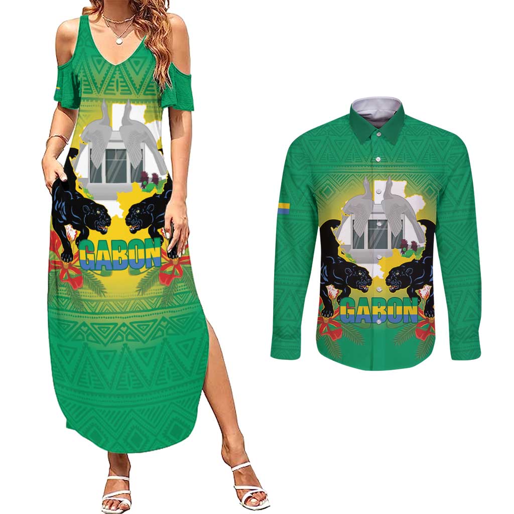 Gabon Independence Day Couples Matching Summer Maxi Dress and Long Sleeve Button Shirt Memorial Leon Mba Monument - Wonder Print Shop