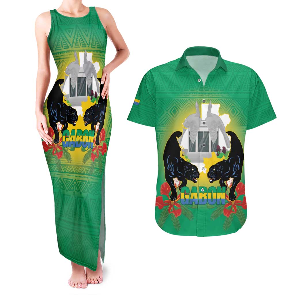 Gabon Independence Day Couples Matching Tank Maxi Dress and Hawaiian Shirt Memorial Leon Mba Monument - Wonder Print Shop