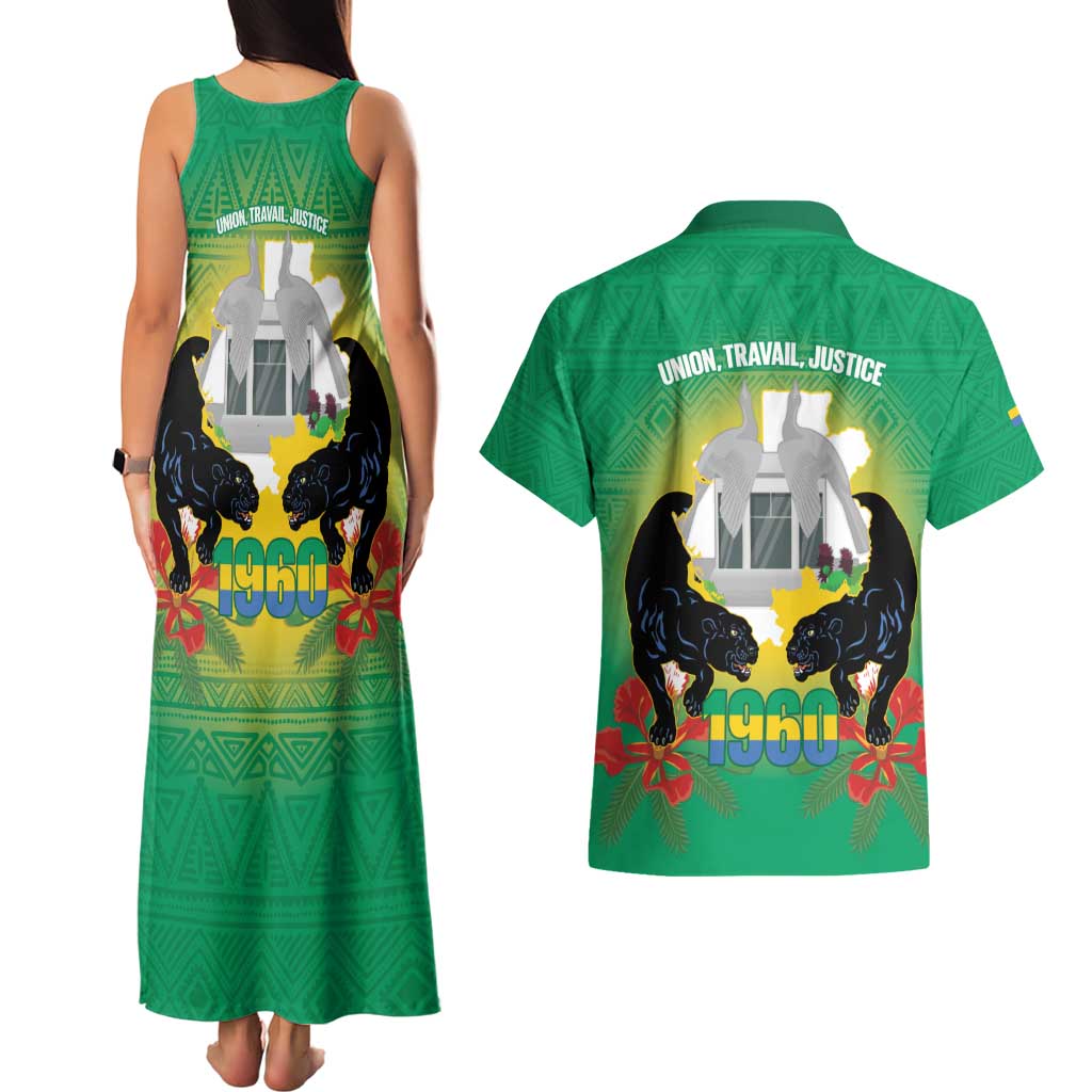 Gabon Independence Day Couples Matching Tank Maxi Dress and Hawaiian Shirt Memorial Leon Mba Monument - Wonder Print Shop