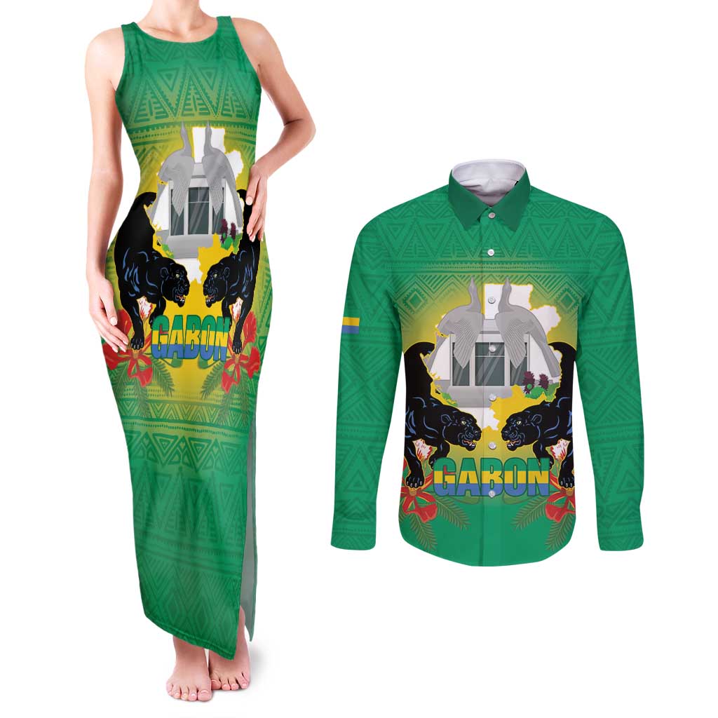 Gabon Independence Day Couples Matching Tank Maxi Dress and Long Sleeve Button Shirt Memorial Leon Mba Monument - Wonder Print Shop