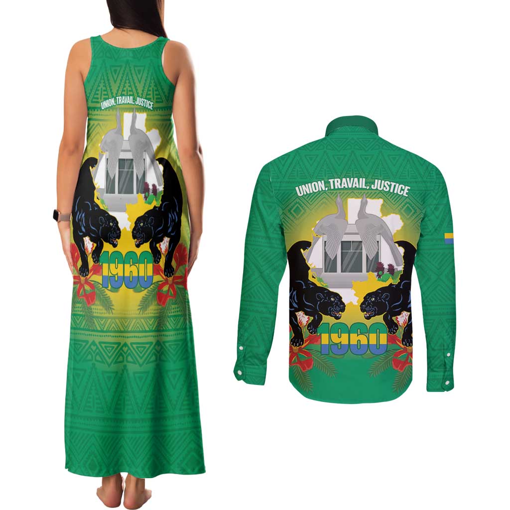 Gabon Independence Day Couples Matching Tank Maxi Dress and Long Sleeve Button Shirt Memorial Leon Mba Monument - Wonder Print Shop
