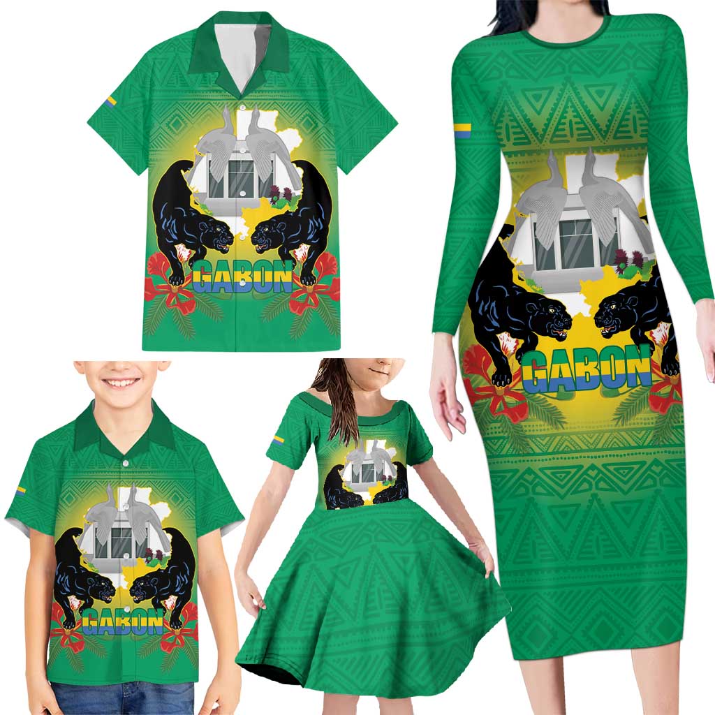 Gabon Independence Day Family Matching Long Sleeve Bodycon Dress and Hawaiian Shirt Memorial Leon Mba Monument - Wonder Print Shop