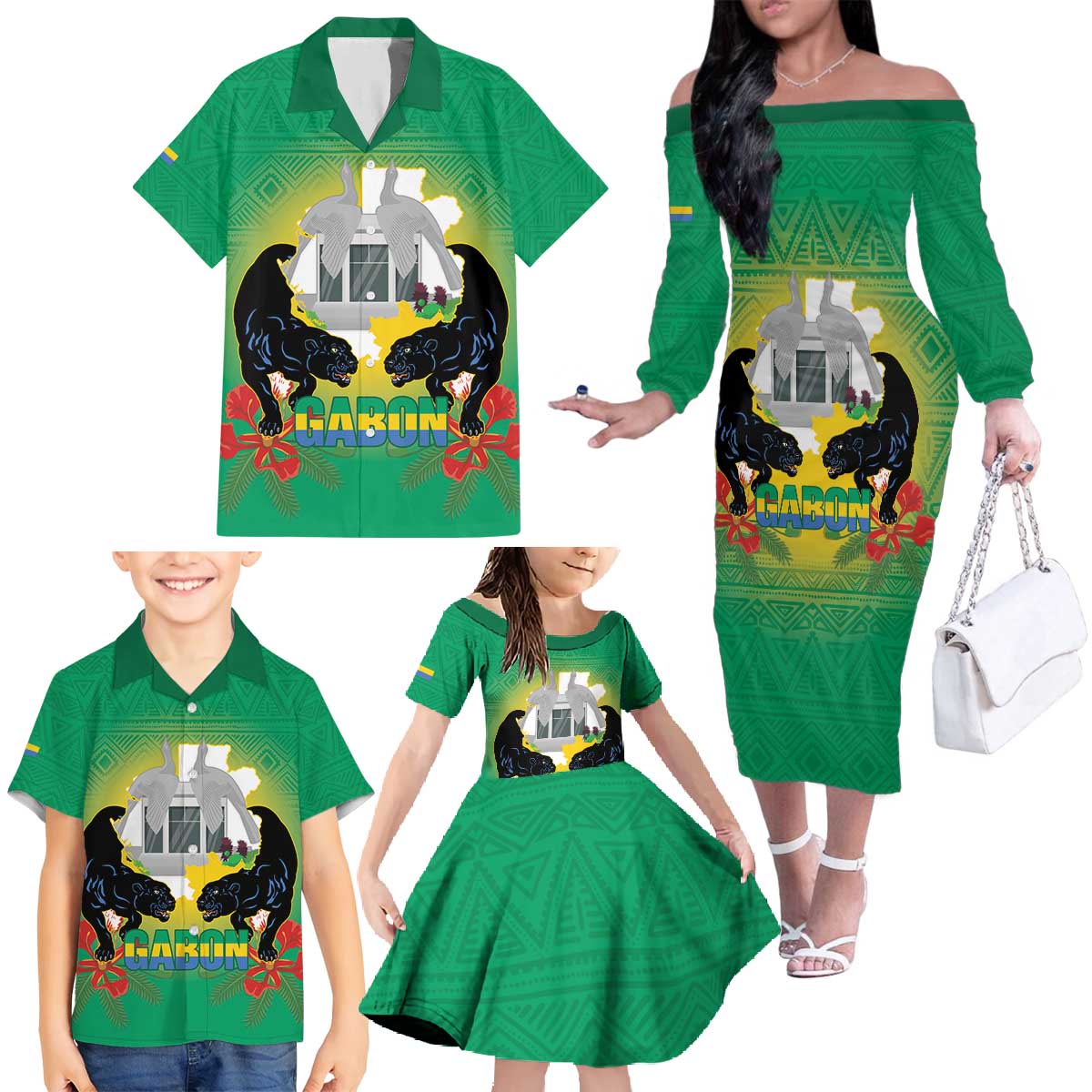Gabon Independence Day Family Matching Off The Shoulder Long Sleeve Dress and Hawaiian Shirt Memorial Leon Mba Monument - Wonder Print Shop