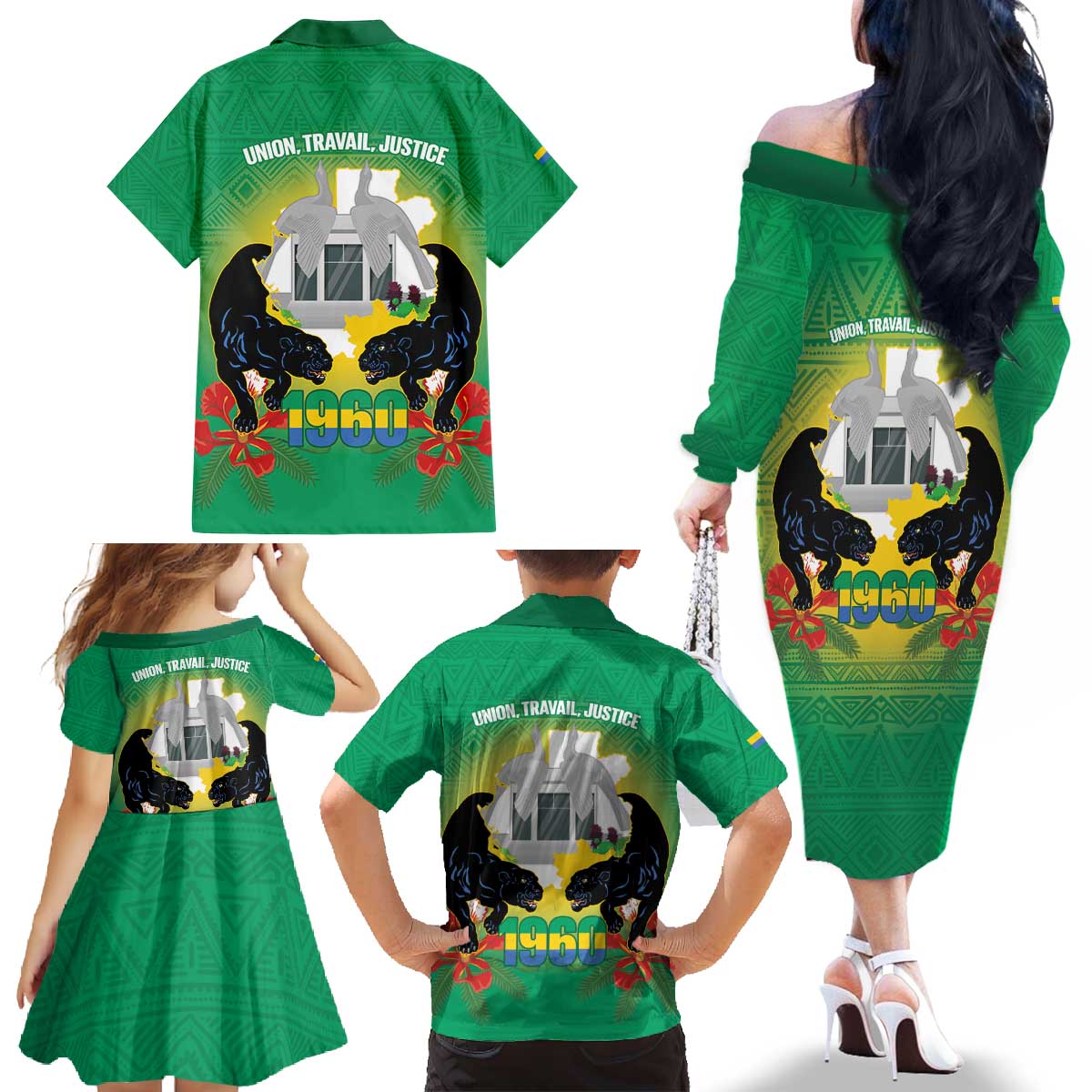 Gabon Independence Day Family Matching Off The Shoulder Long Sleeve Dress and Hawaiian Shirt Memorial Leon Mba Monument - Wonder Print Shop