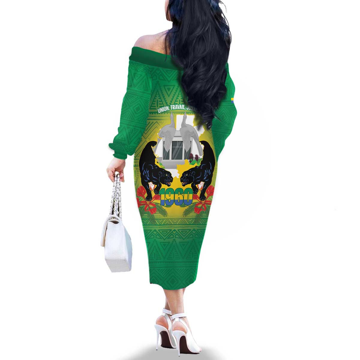 Gabon Independence Day Family Matching Off The Shoulder Long Sleeve Dress and Hawaiian Shirt Memorial Leon Mba Monument - Wonder Print Shop