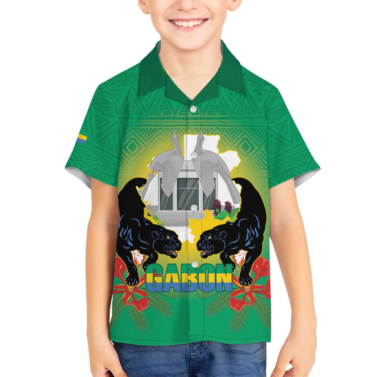 Gabon Independence Day Family Matching Off The Shoulder Long Sleeve Dress and Hawaiian Shirt Memorial Leon Mba Monument - Wonder Print Shop