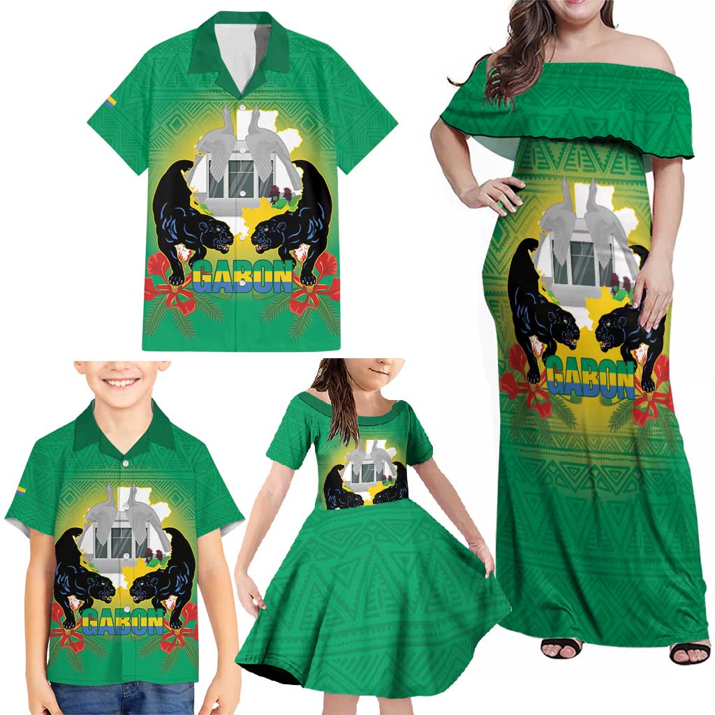 Gabon Independence Day Family Matching Off Shoulder Maxi Dress and Hawaiian Shirt Memorial Leon Mba Monument - Wonder Print Shop