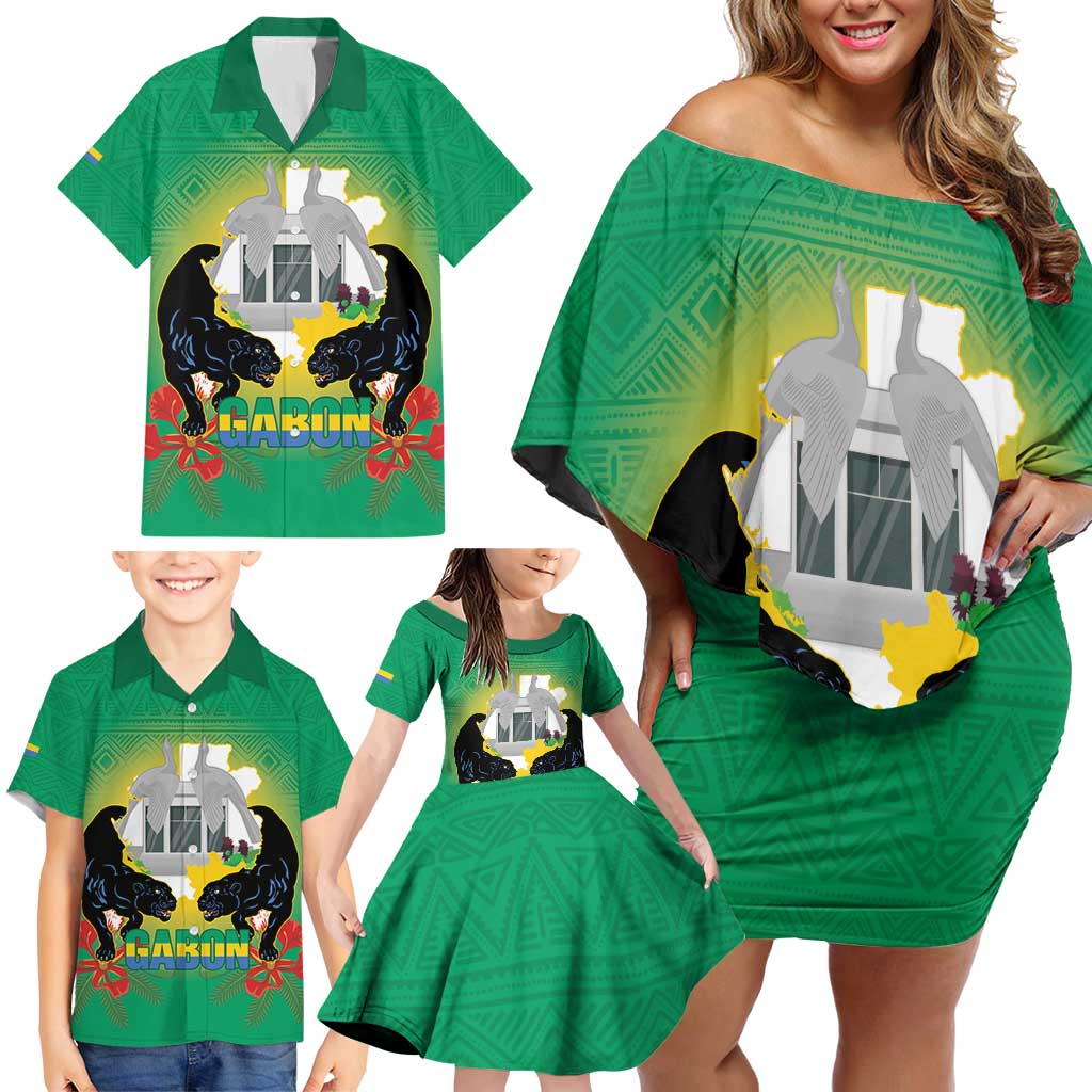 Gabon Independence Day Family Matching Off Shoulder Short Dress and Hawaiian Shirt Memorial Leon Mba Monument - Wonder Print Shop