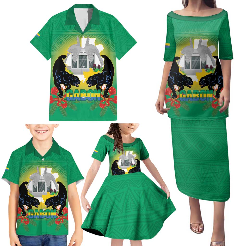 Gabon Independence Day Family Matching Puletasi and Hawaiian Shirt Memorial Leon Mba Monument - Wonder Print Shop