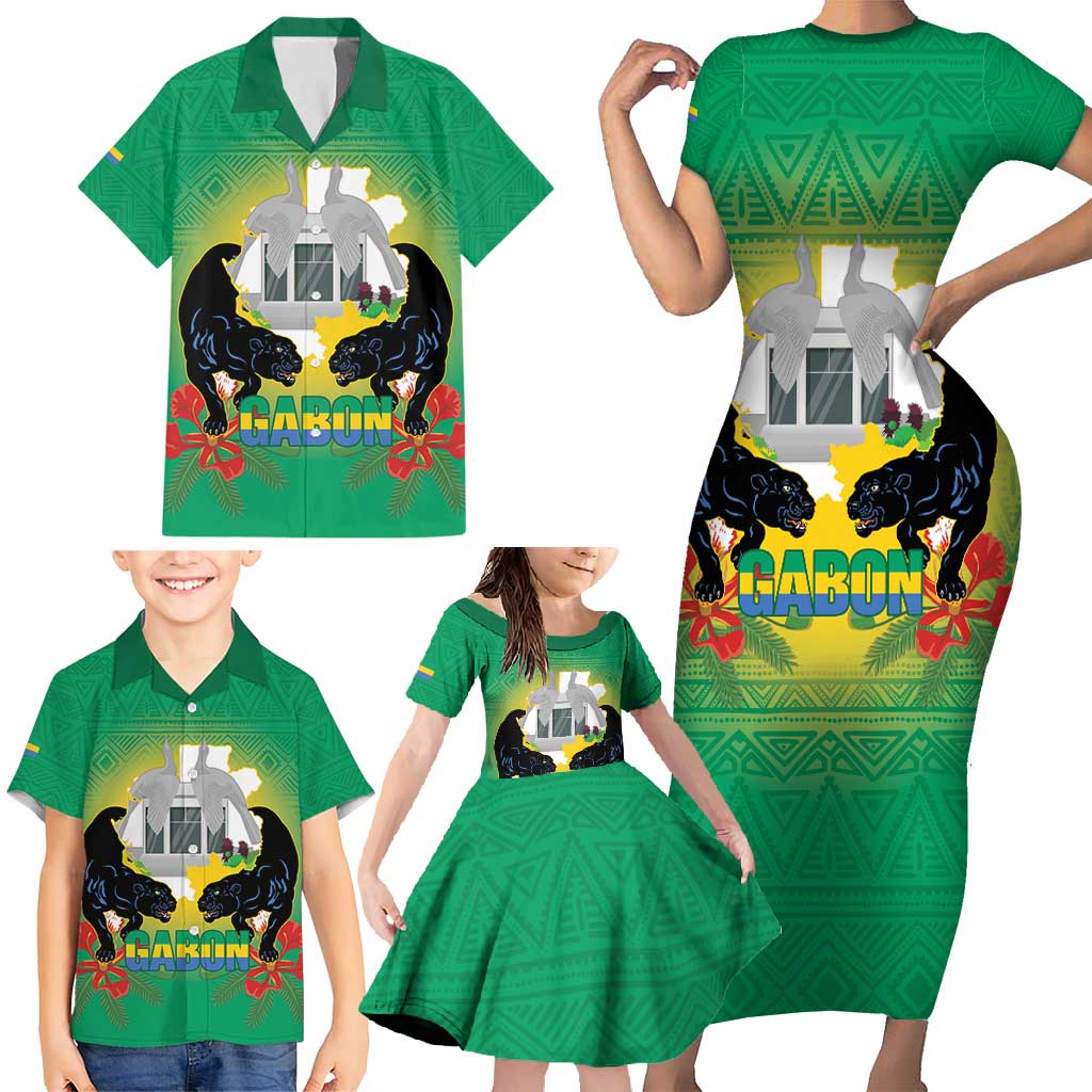 Gabon Independence Day Family Matching Short Sleeve Bodycon Dress and Hawaiian Shirt Memorial Leon Mba Monument - Wonder Print Shop
