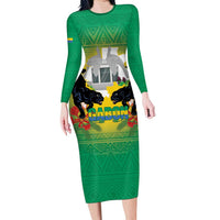 Gabon Independence Day Long Sleeve Bodycon Dress Memorial Leon Mba Monument - Wonder Print Shop