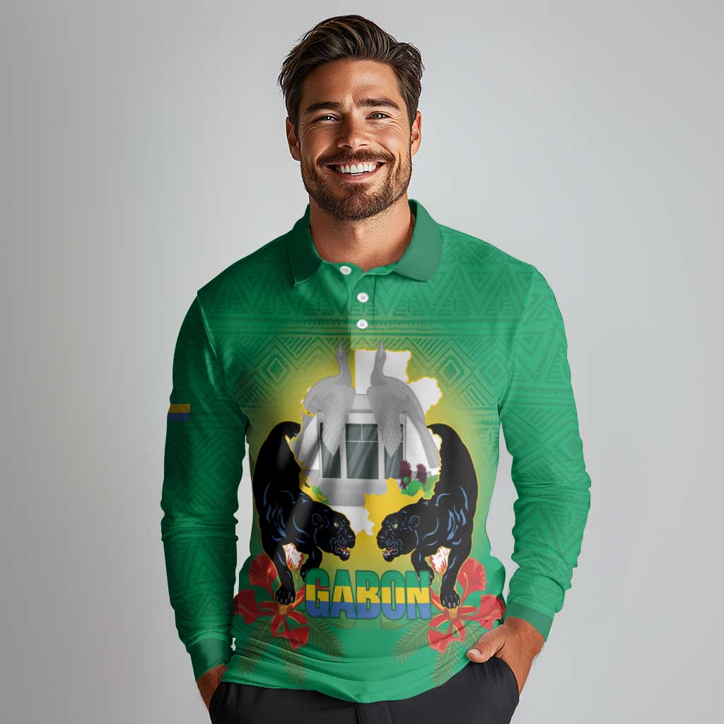 Gabon Independence Day Long Sleeve Polo Shirt Memorial Leon Mba Monument - Wonder Print Shop