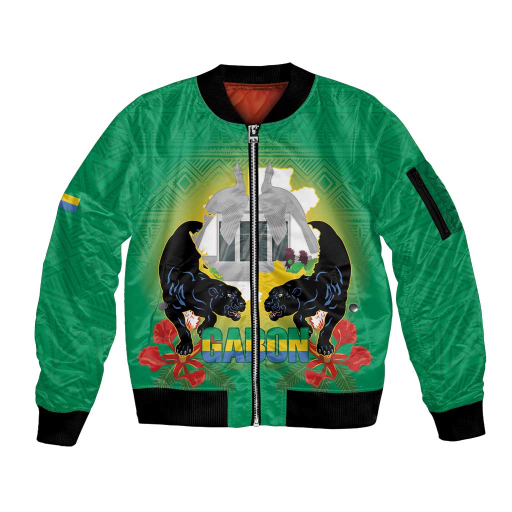 Gabon Independence Day Sleeve Zip Bomber Jacket Memorial Leon Mba Monument - Wonder Print Shop