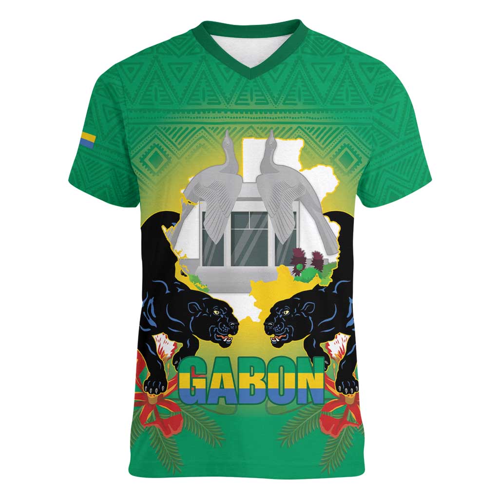 Gabon Independence Day Women V-Neck T-Shirt Memorial Leon Mba Monument - Wonder Print Shop