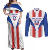 Custom Paraguay Football Couples Matching Off Shoulder Maxi Dress and Long Sleeve Button Shirt Come On Las Guaranies - Wonder Print Shop