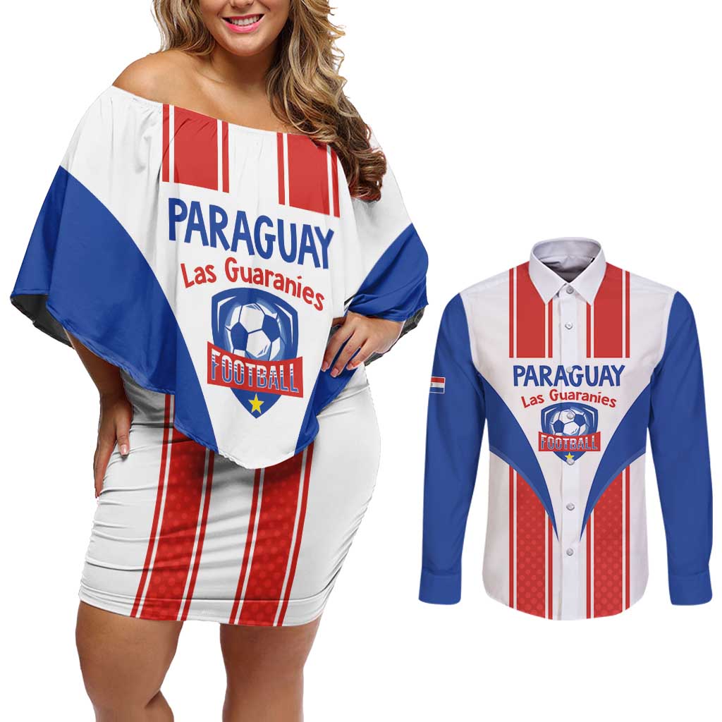 Custom Paraguay Football Couples Matching Off Shoulder Short Dress and Long Sleeve Button Shirt Come On Las Guaranies - Wonder Print Shop