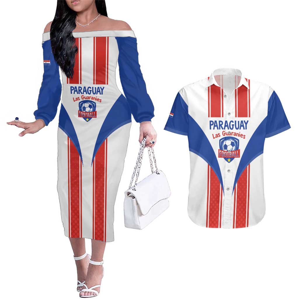 Custom Paraguay Football Couples Matching Off The Shoulder Long Sleeve Dress and Hawaiian Shirt Come On Las Guaranies - Wonder Print Shop