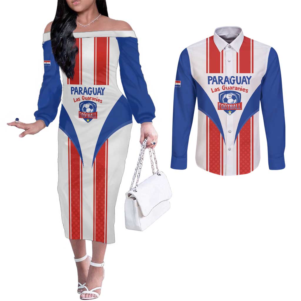Custom Paraguay Football Couples Matching Off The Shoulder Long Sleeve Dress and Long Sleeve Button Shirt Come On Las Guaranies - Wonder Print Shop