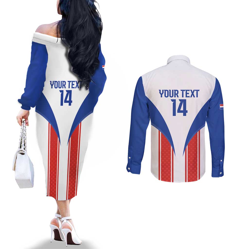 Custom Paraguay Football Couples Matching Off The Shoulder Long Sleeve Dress and Long Sleeve Button Shirt Come On Las Guaranies - Wonder Print Shop