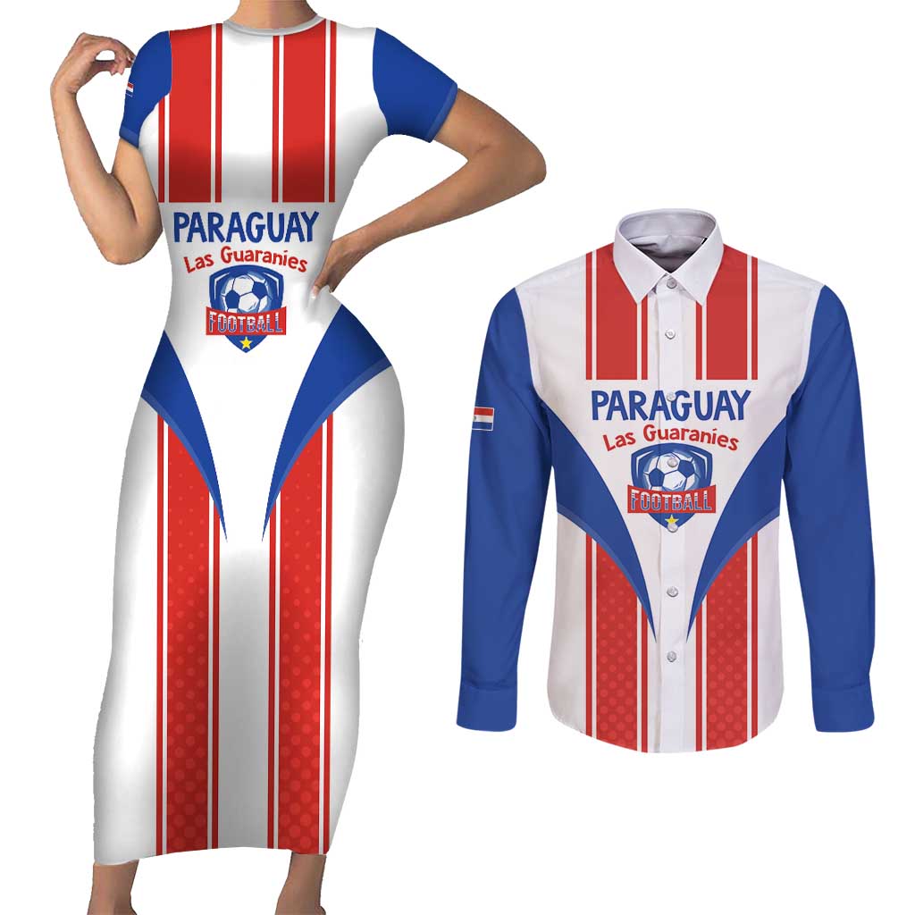 Custom Paraguay Football Couples Matching Short Sleeve Bodycon Dress and Long Sleeve Button Shirt Come On Las Guaranies - Wonder Print Shop