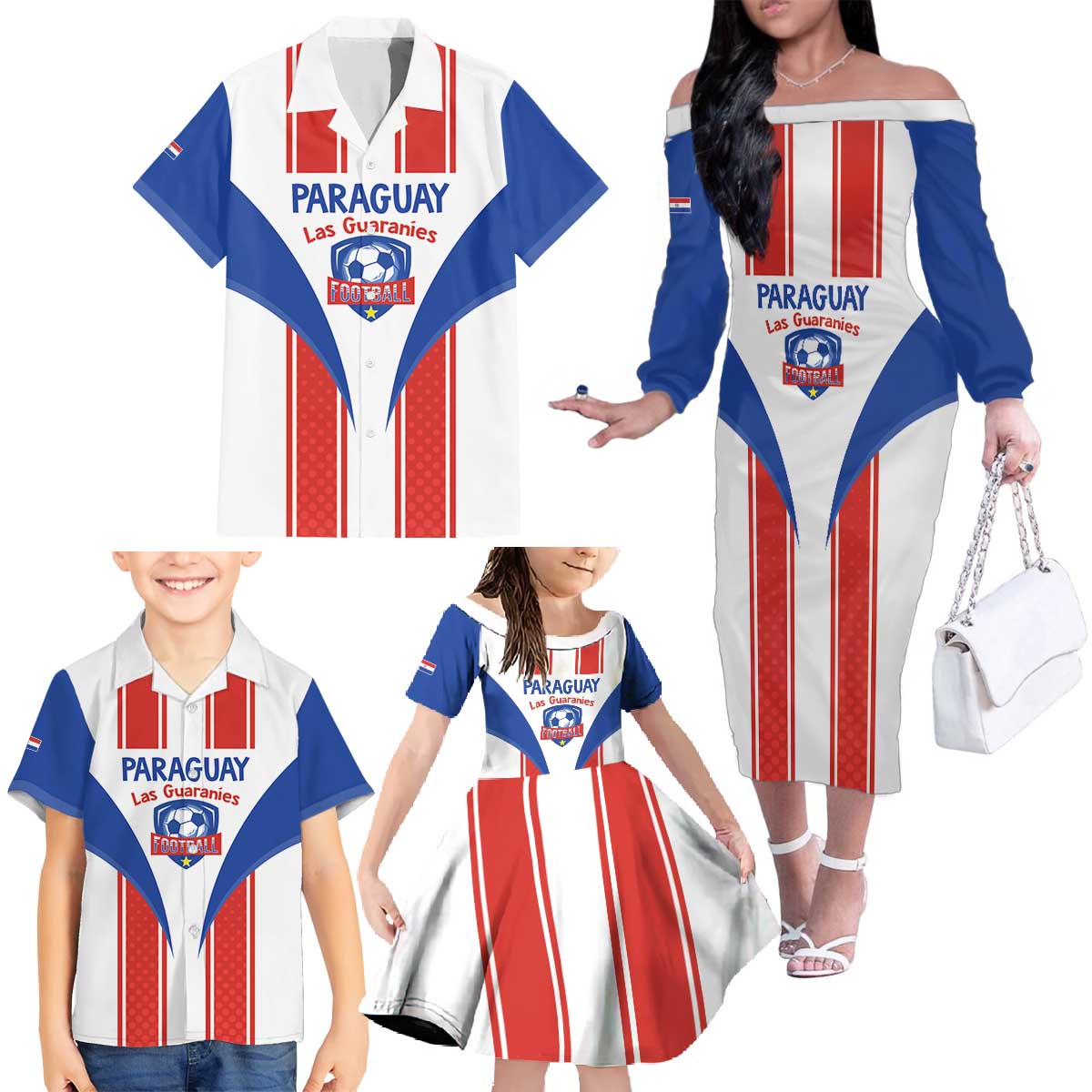 Custom Paraguay Football Family Matching Off The Shoulder Long Sleeve Dress and Hawaiian Shirt Come On Las Guaranies - Wonder Print Shop
