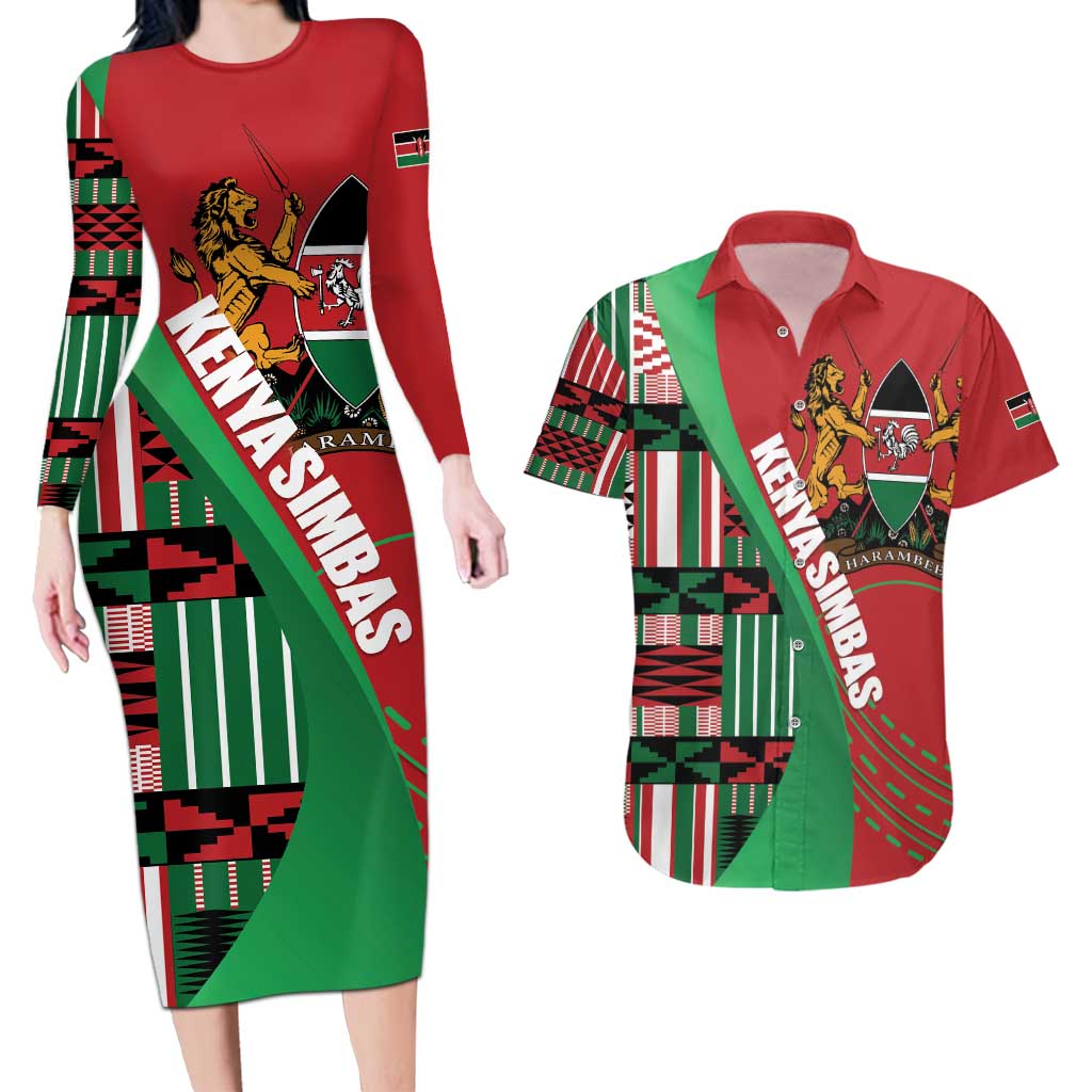 Custom Kenya Cricket Couples Matching Long Sleeve Bodycon Dress and Hawaiian Shirt Come On Simbas Kente Pattern - Wonder Print Shop
