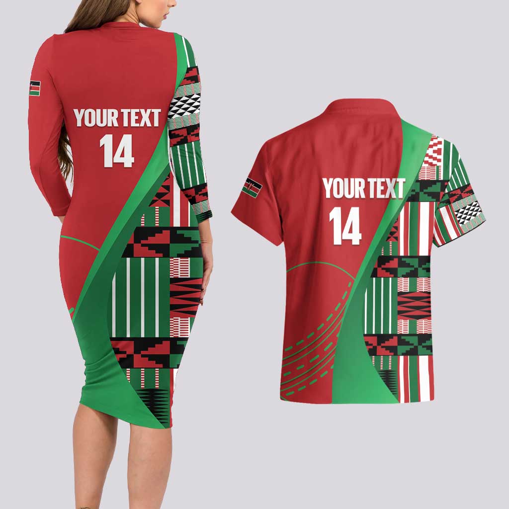 Custom Kenya Cricket Couples Matching Long Sleeve Bodycon Dress and Hawaiian Shirt Come On Simbas Kente Pattern - Wonder Print Shop