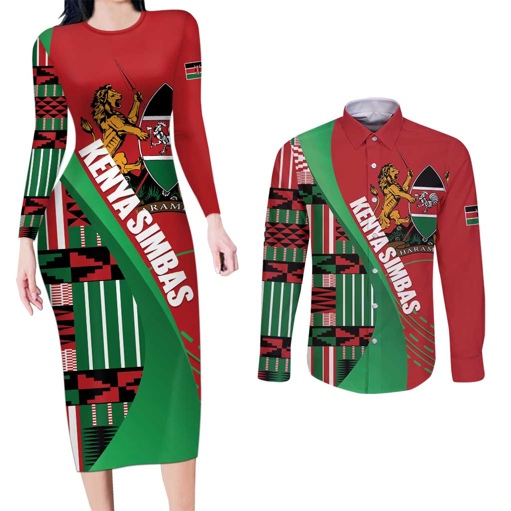 Custom Kenya Cricket Couples Matching Long Sleeve Bodycon Dress and Long Sleeve Button Shirt Come On Simbas Kente Pattern - Wonder Print Shop