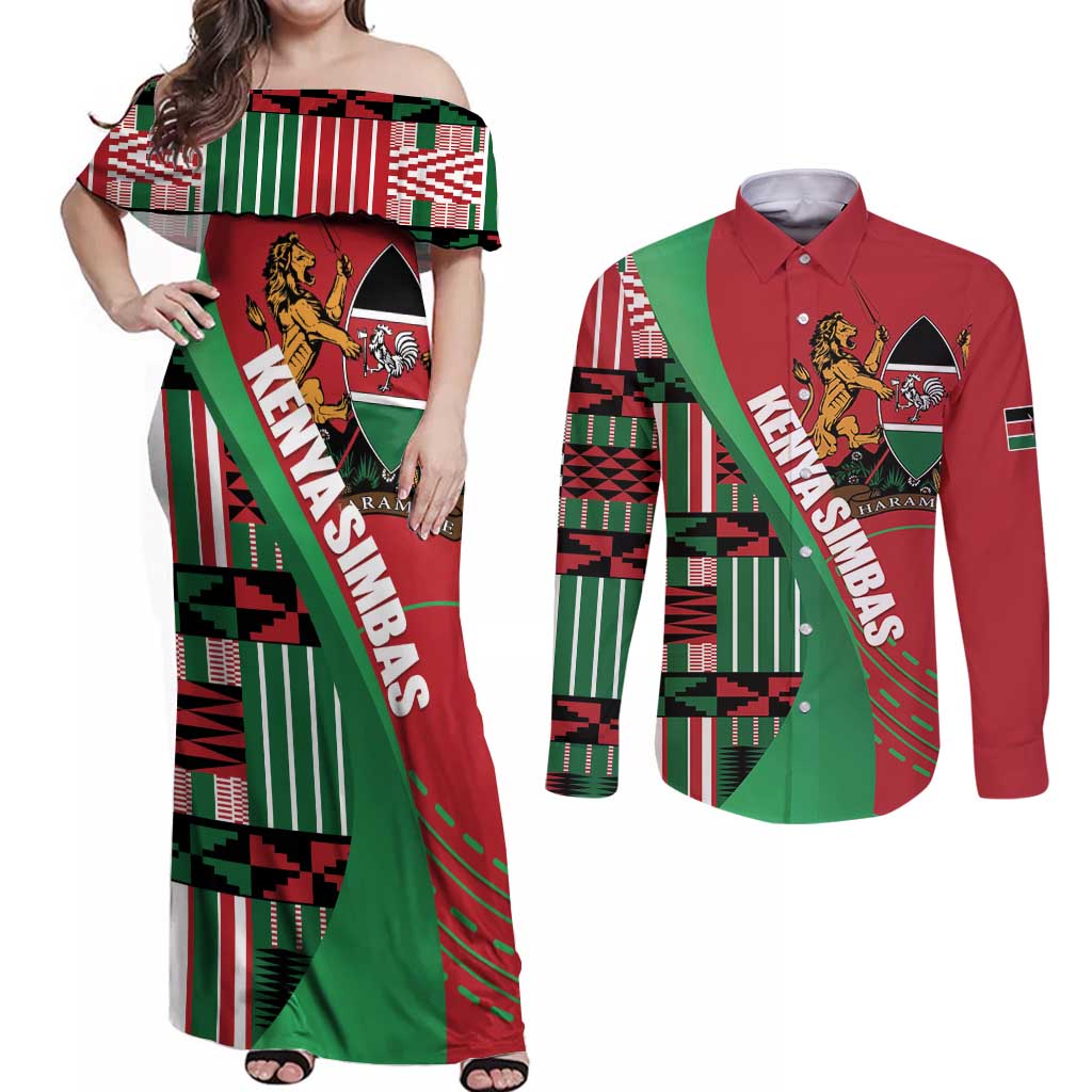 Custom Kenya Cricket Couples Matching Off Shoulder Maxi Dress and Long Sleeve Button Shirt Come On Simbas Kente Pattern - Wonder Print Shop