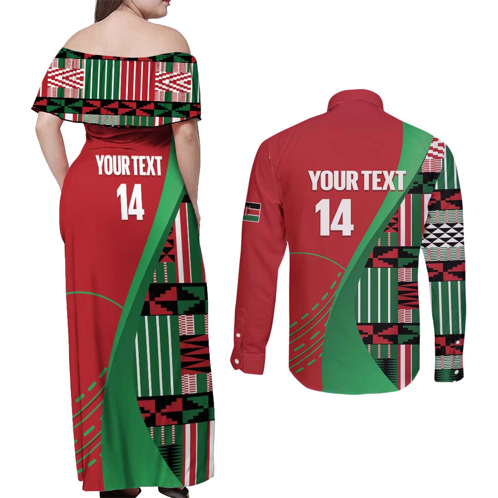 Custom Kenya Cricket Couples Matching Off Shoulder Maxi Dress and Long Sleeve Button Shirt Come On Simbas Kente Pattern - Wonder Print Shop