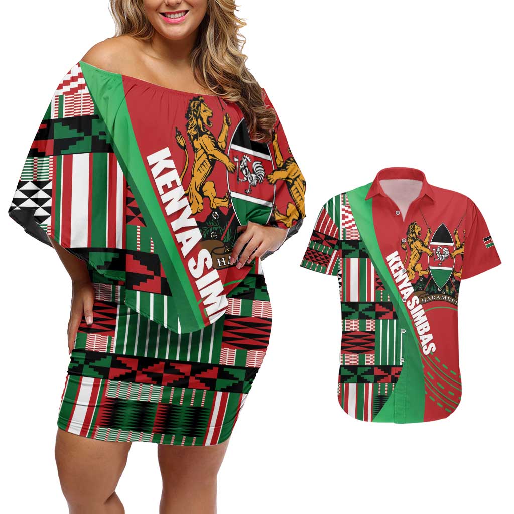 Custom Kenya Cricket Couples Matching Off Shoulder Short Dress and Hawaiian Shirt Come On Simbas Kente Pattern - Wonder Print Shop