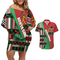 Custom Kenya Cricket Couples Matching Off Shoulder Short Dress and Hawaiian Shirt Come On Simbas Kente Pattern - Wonder Print Shop