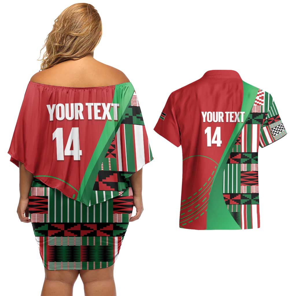 Custom Kenya Cricket Couples Matching Off Shoulder Short Dress and Hawaiian Shirt Come On Simbas Kente Pattern - Wonder Print Shop
