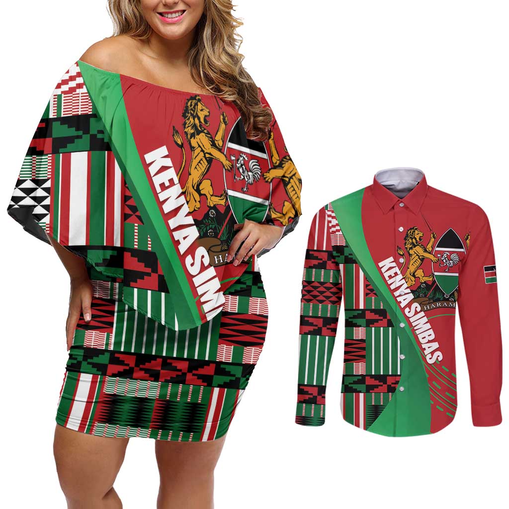 Custom Kenya Cricket Couples Matching Off Shoulder Short Dress and Long Sleeve Button Shirt Come On Simbas Kente Pattern - Wonder Print Shop