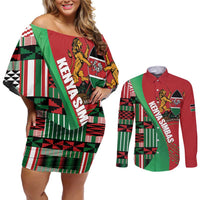 Custom Kenya Cricket Couples Matching Off Shoulder Short Dress and Long Sleeve Button Shirt Come On Simbas Kente Pattern - Wonder Print Shop