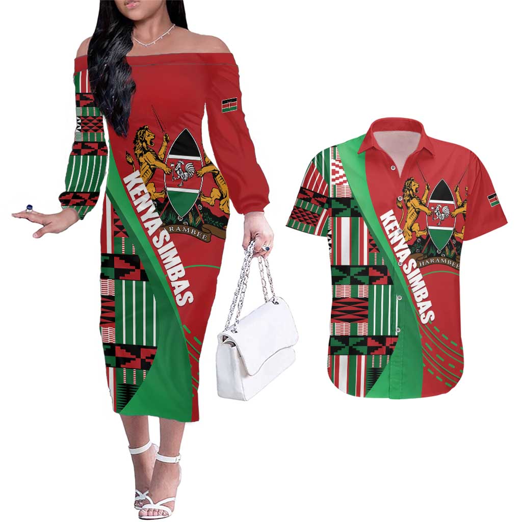 Custom Kenya Cricket Couples Matching Off The Shoulder Long Sleeve Dress and Hawaiian Shirt Come On Simbas Kente Pattern - Wonder Print Shop