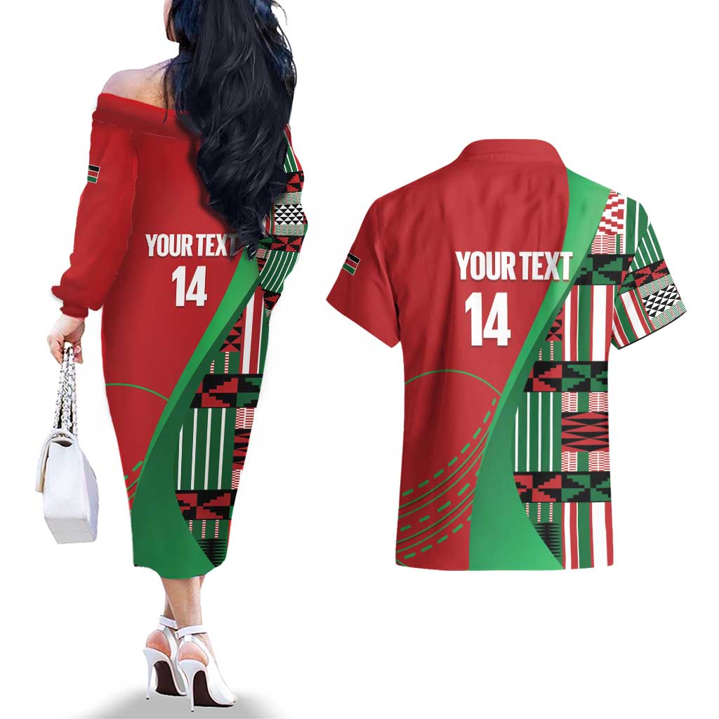 Custom Kenya Cricket Couples Matching Off The Shoulder Long Sleeve Dress and Hawaiian Shirt Come On Simbas Kente Pattern - Wonder Print Shop