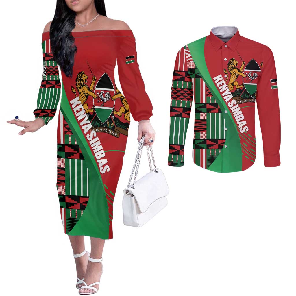 Custom Kenya Cricket Couples Matching Off The Shoulder Long Sleeve Dress and Long Sleeve Button Shirt Come On Simbas Kente Pattern - Wonder Print Shop