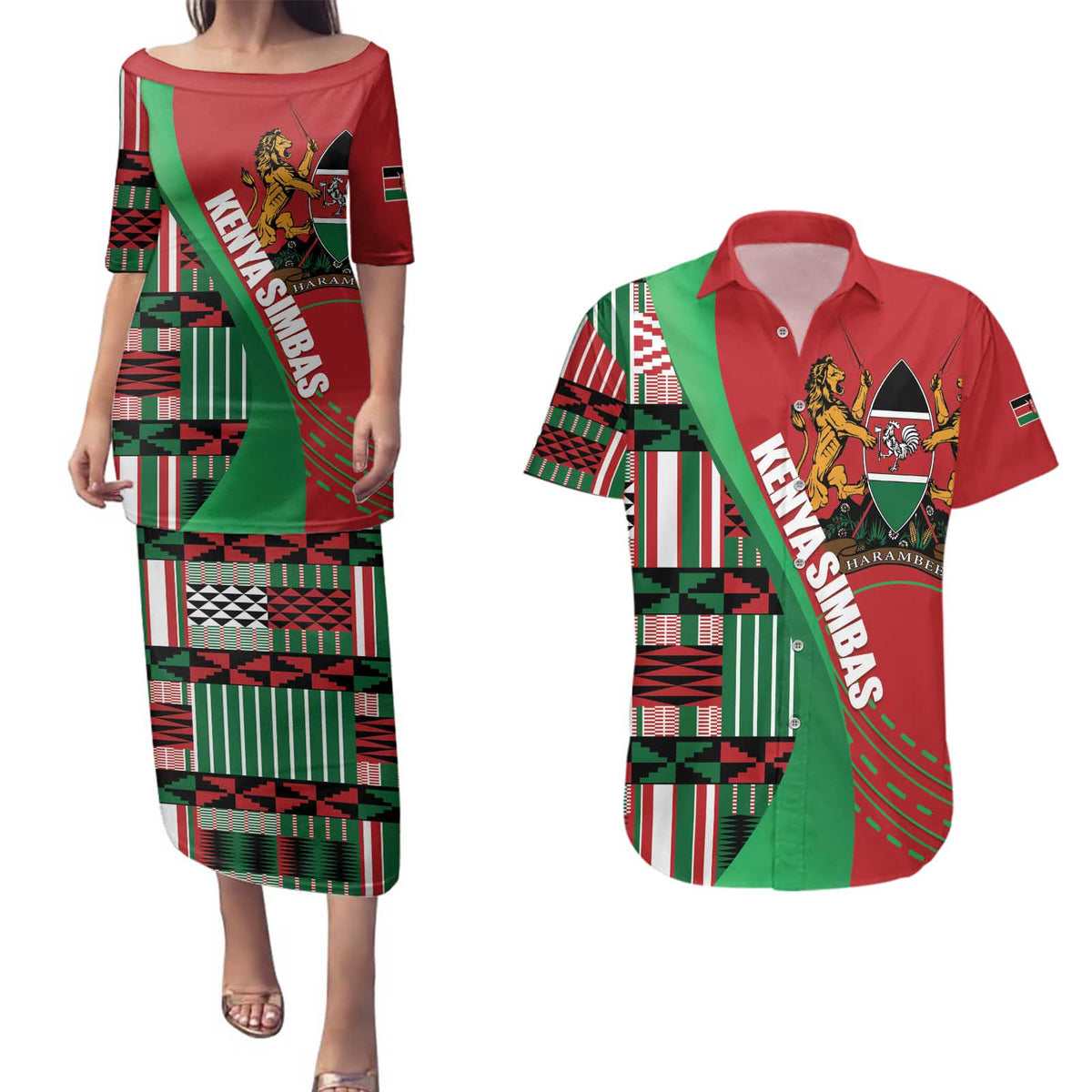 Custom Kenya Cricket Couples Matching Puletasi and Hawaiian Shirt Come On Simbas Kente Pattern - Wonder Print Shop