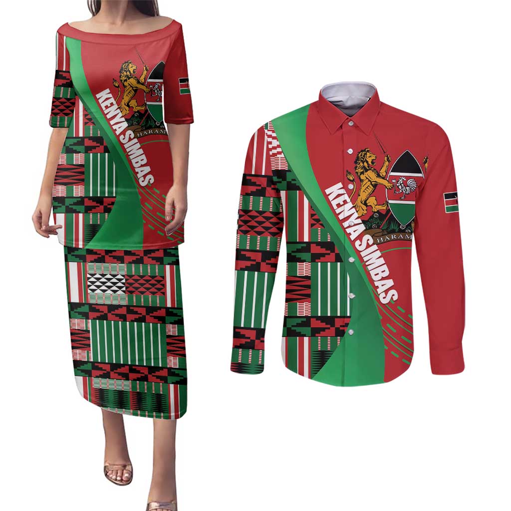 Custom Kenya Cricket Couples Matching Puletasi and Long Sleeve Button Shirt Come On Simbas Kente Pattern - Wonder Print Shop